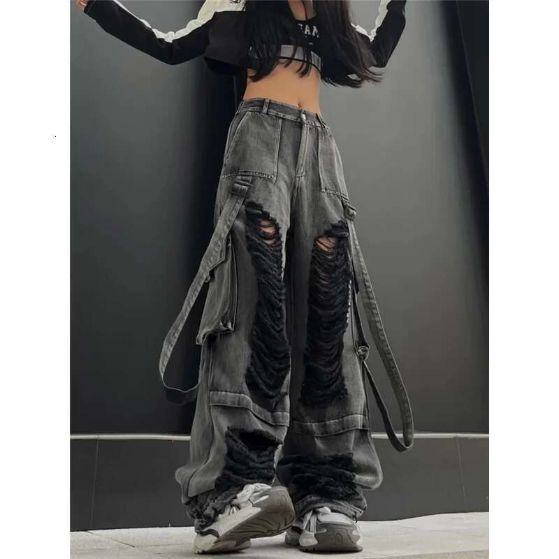 Grey Womens Ripped Jeans High Waist Vintage Classic Straight Baggy Pants Street Y2k American Style Wide Leg Denim Trouser