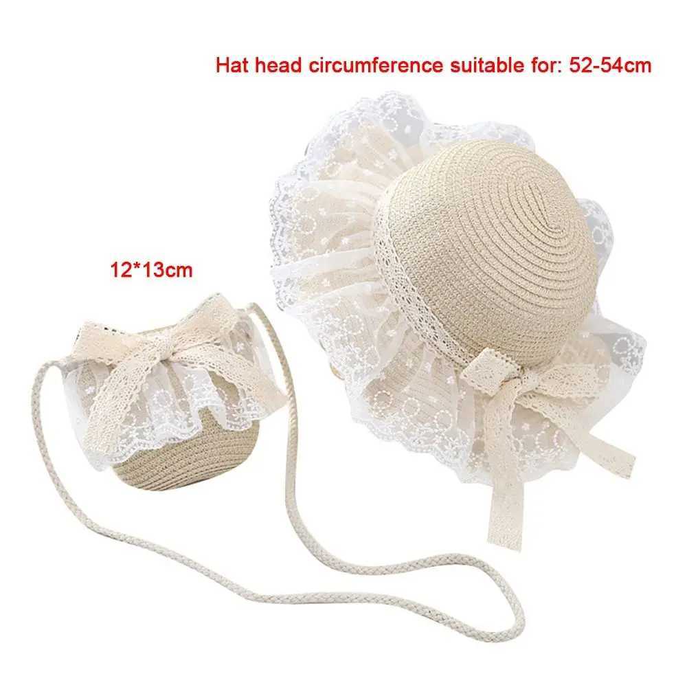 New straw hat wide Brim lace beach bucket hat fashionable bow grass hat baby bag W250217