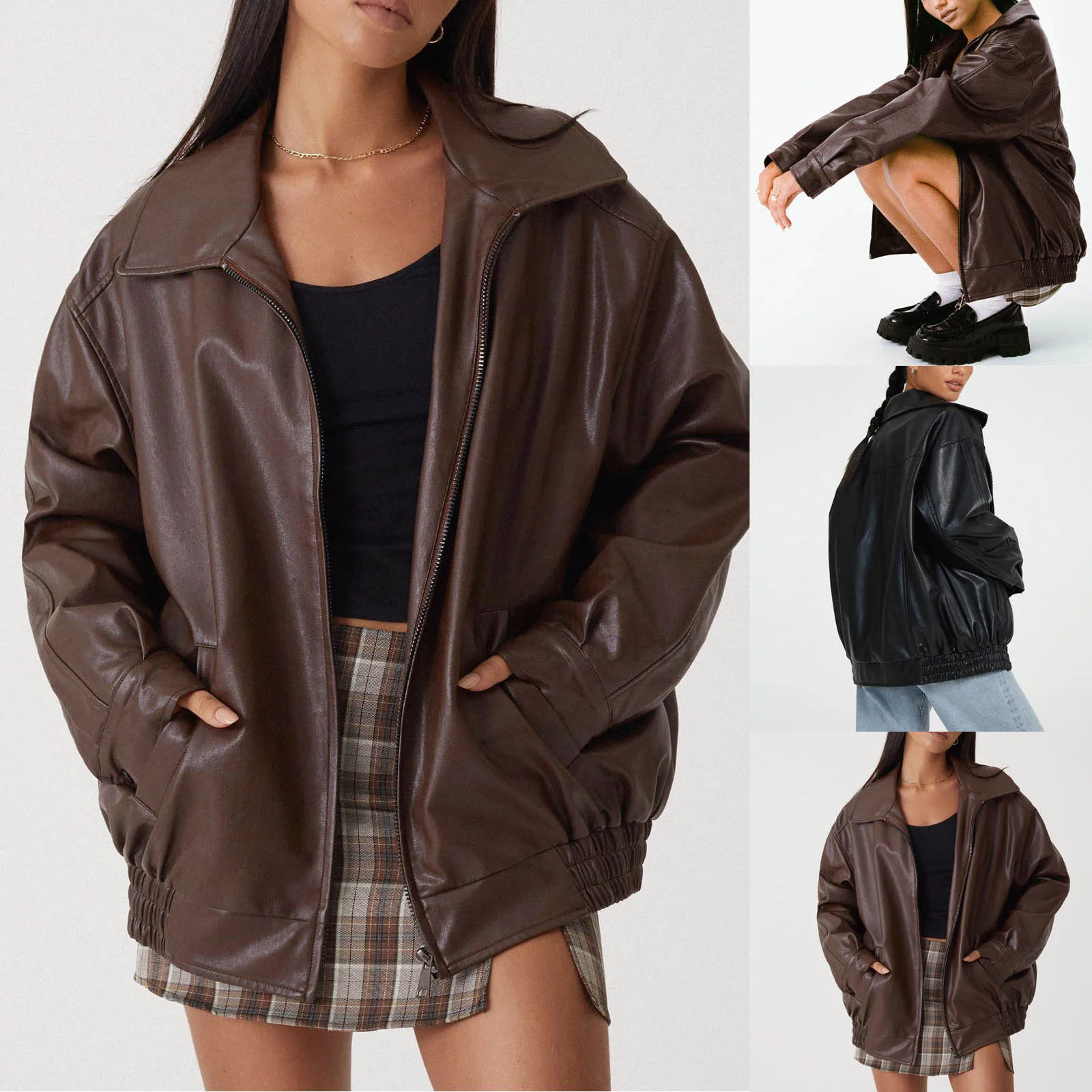 Brown PU Leather Jacket Womens AutumnWinter Solid Color Casual Loose Oversized Zipper Coat with Pockets Female 250211