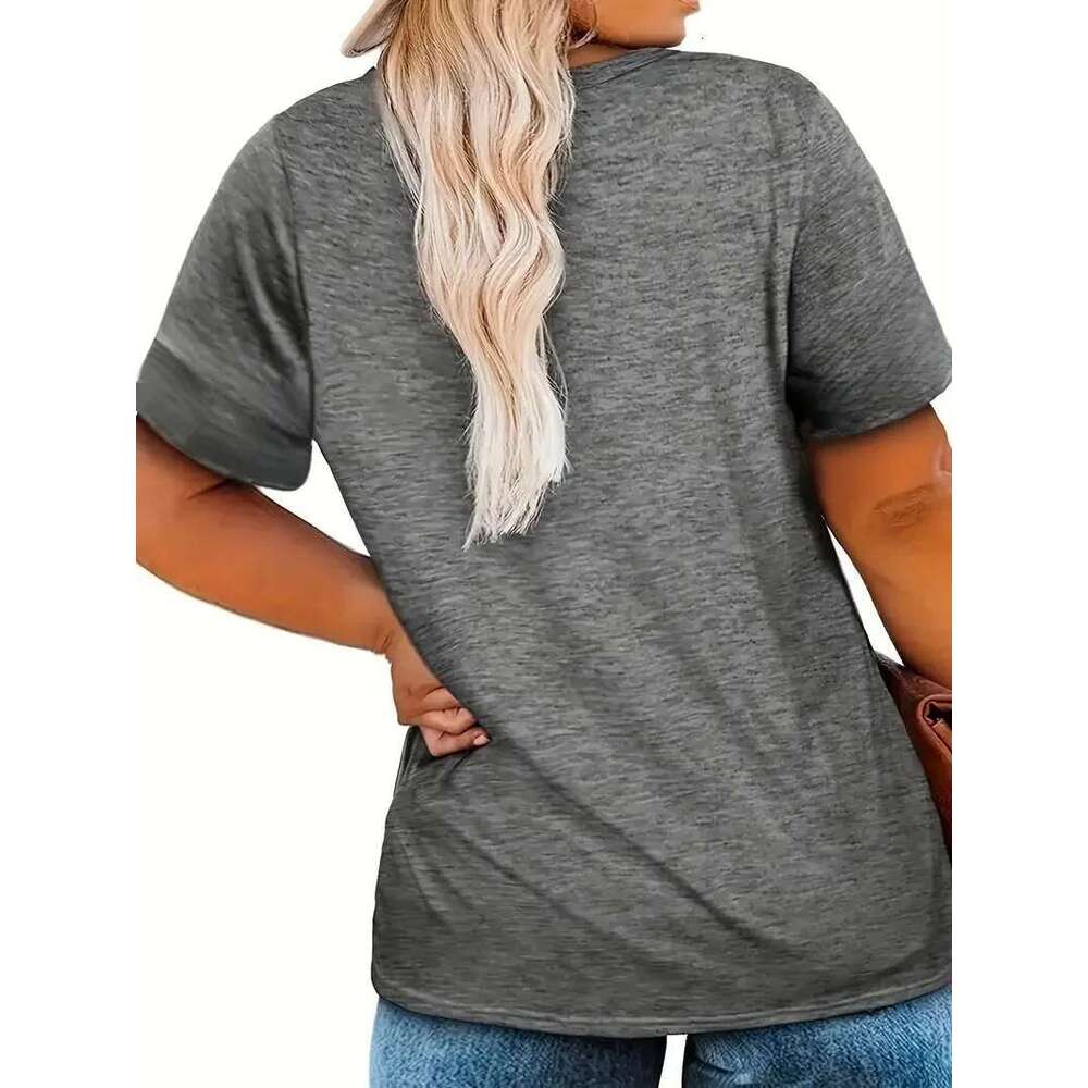 Plus Size Solid Color V-Neck T-Shirt Women Soft Stretchy Polyester Short Sleeve Casual Top - Ideal For Spring & Summer Ela