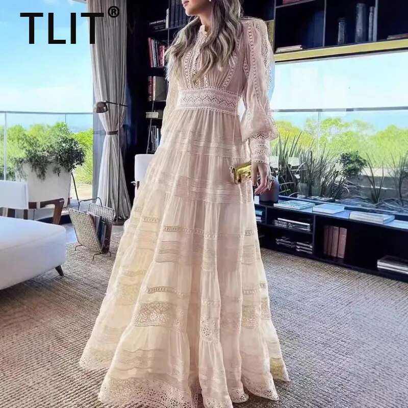 Elegant Women's Mesh Hollow Out Design Dresses Round Neck High Waist Long Sleeve Evening Dress Spring 2025 New