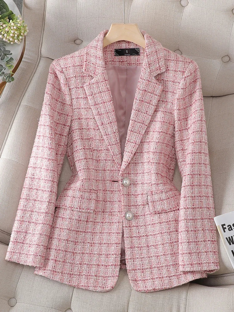 Long sleeved autumn womens jacket womens pink beige plain weave womens casual jacket 250210