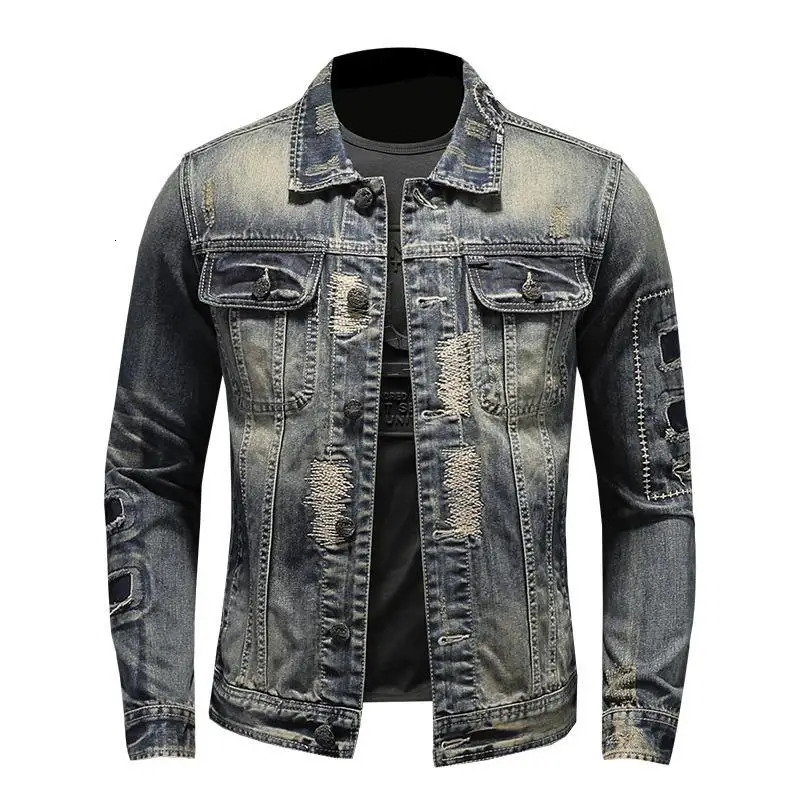 mens denim jacket retro trend loose casual handsome streetwear high street fashion hole Slim lapel w250210