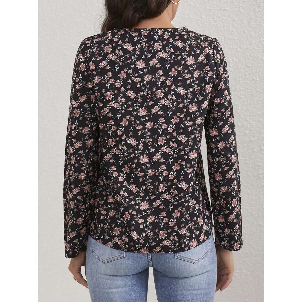 Ladies Ral Print Crew Neck Casual Long Sleeve Blouse Women Tops Shirts