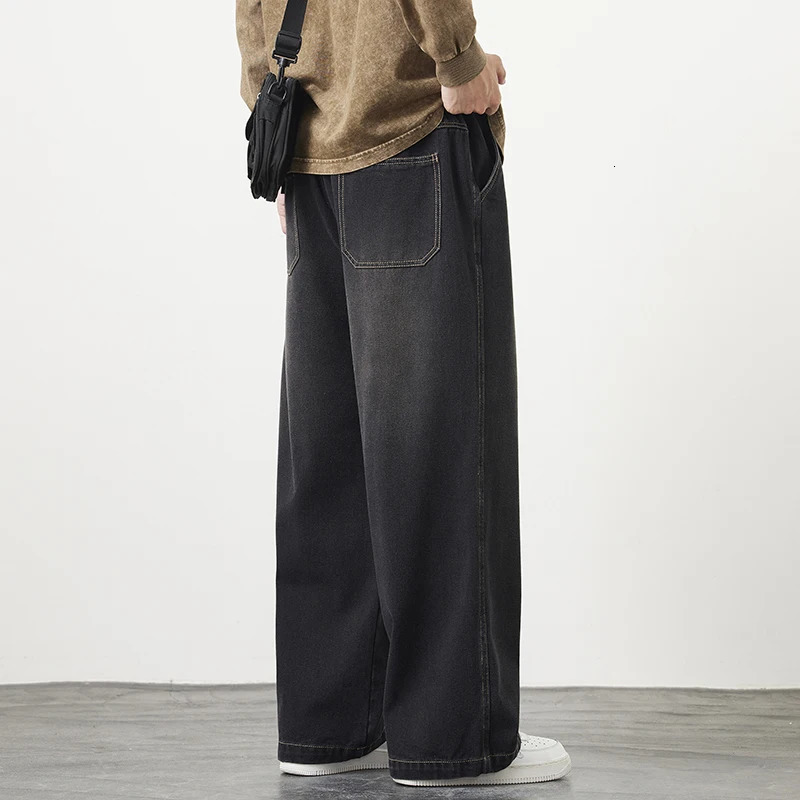 Plus Size M8XL Baggy Jeans Mens Blue Black Streetwear Elastic Waist Y2K Trousers Fashion Straight Leisure Wide Denim Pants 250214