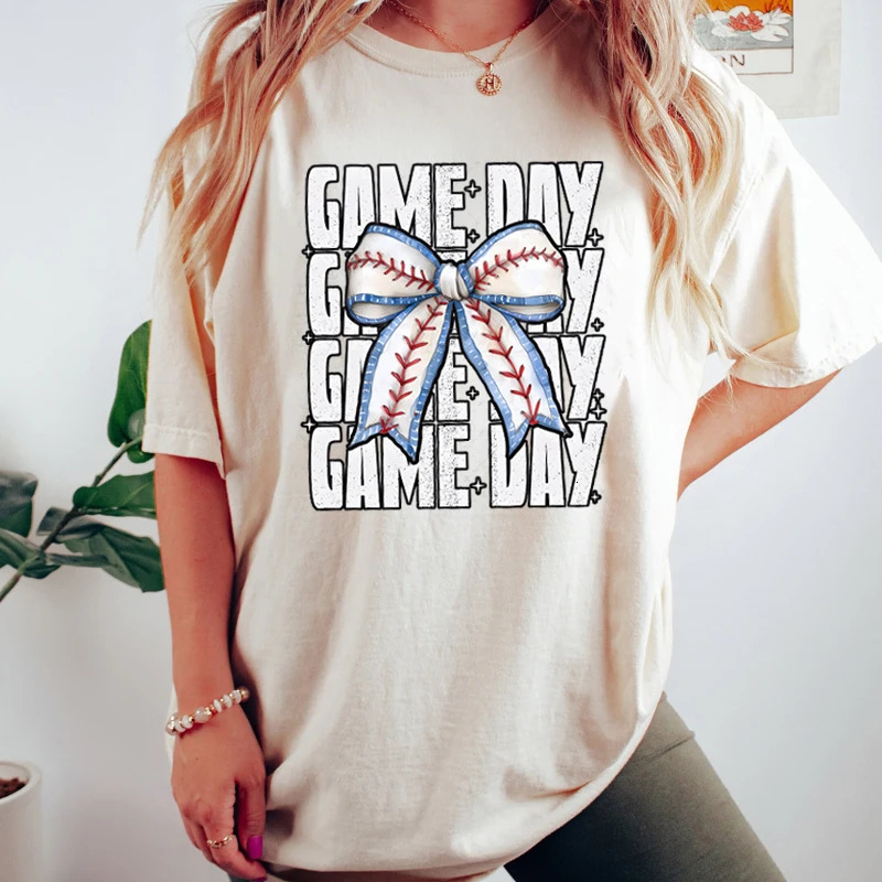 Game Day Retro Classic Shirt for Women Coquette Baseball Bow Short Sleeve Tee Football Season Sports Mom Tshirt Womens Clothing 250214