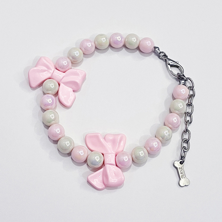 Cute Dog Collar with Pink White Bead Pink Bow Decoration, Pet Neck Decoration Necklace, Adjustable Jewelry Buckle Pet Collar for Small Medium Dog, Chi