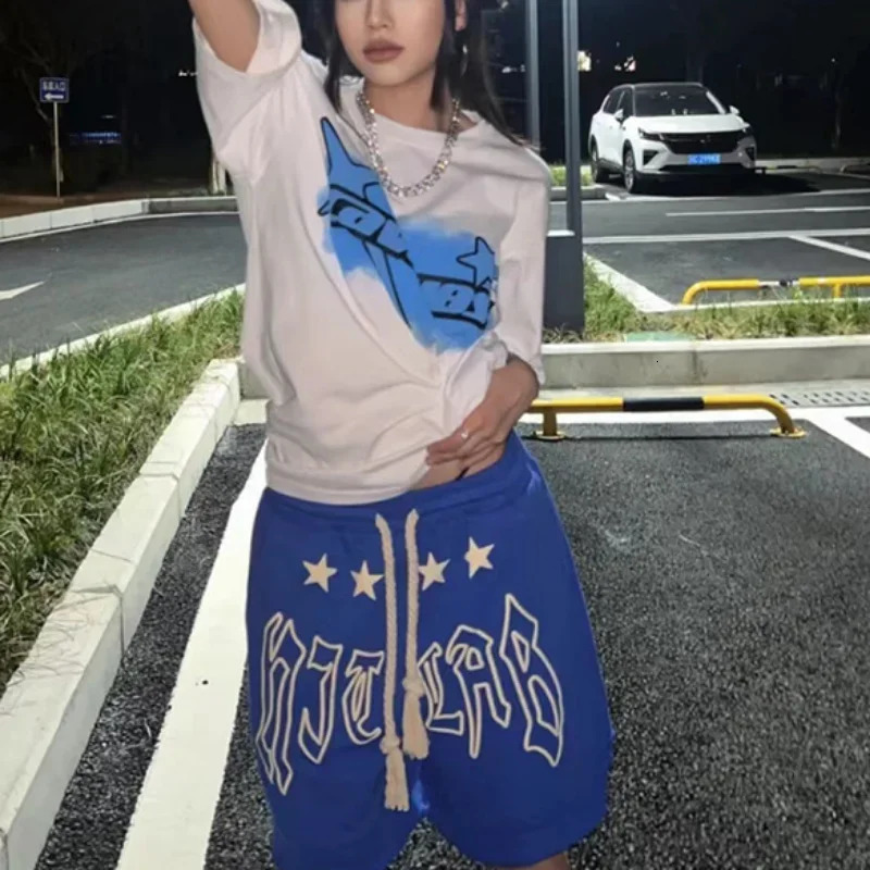 Summer Lace-up Y2K Loose Couples Shorts Klein Blue American Vintage Street Elastic Waist Knee Short Sweatpant Women Letter 250210