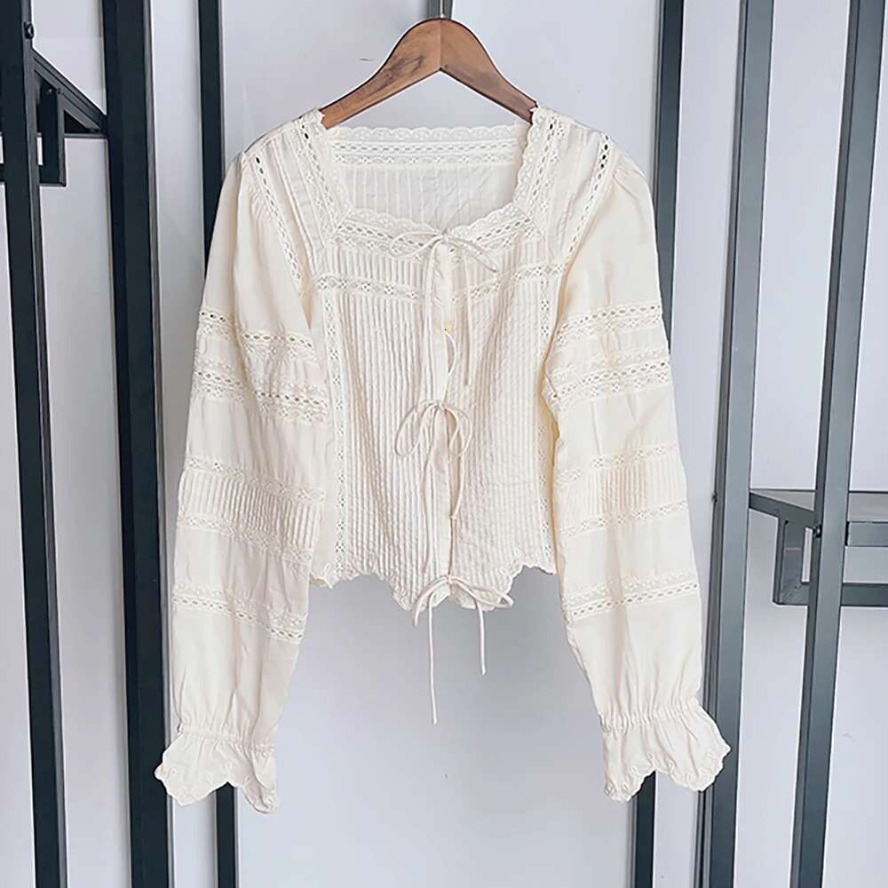 Cotton Women's Y2k Crochet Lace Patchwork Pleated Tie Square Neck Long Sleeve Shirt Blouse Top 2025 Summer New