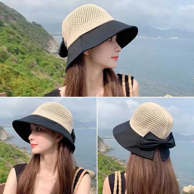 Outdoor UV Protection Sun Hat Summer Womens Bucket Foldable Basin Sunscreen Cap Bow Hollow Stitching Panama Hats Fisherman W250217