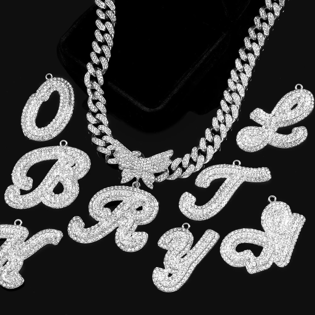 Iced Out Cuban Link Chain Butterfly Letter Necklace for Women Bling Silve Color Initial Miami Name Necklace Birthday Jewelry 250213