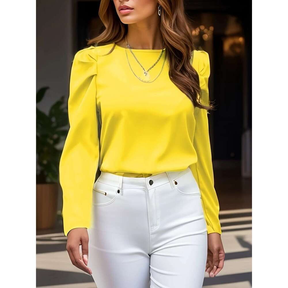 New Fashion Chic Female Elegant Long Sleeve Ruched Blouse - Women's Solid Crew Neck Top For Casual And Formal Wear