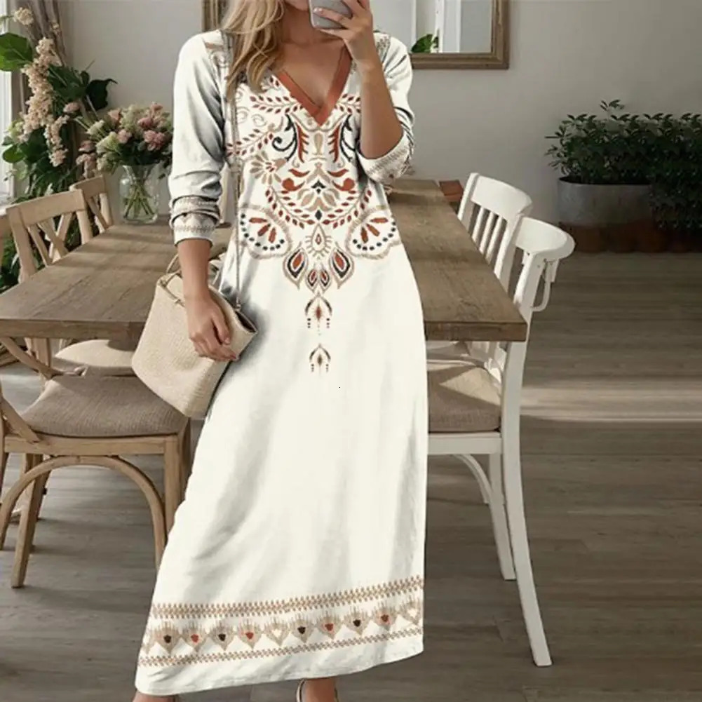 Printed Dress Bohemian Maxi Dress with Ethnic Print V Neck Long Sleeves Womens Spring A-line Pullover in Soft for Ankle 250213