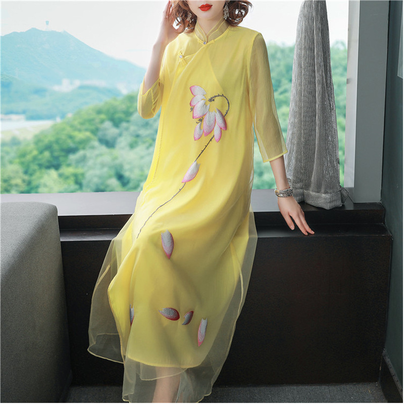 H176110 Women's Art Retro Chinese Style Dress Spring and Summer Improved Lotus Embroidery Dress 6815