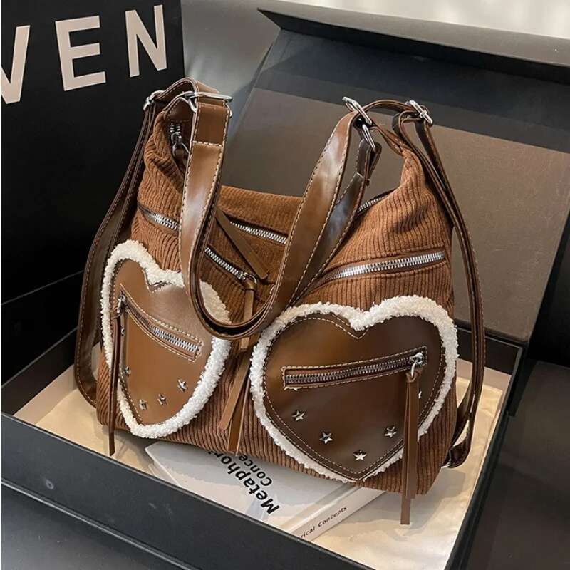 Large Capacity Corduroy Shoulder Bags Backpack Fashion Heart Pocket Messenger Bag Solid Color Purse Handbag Totes 2024