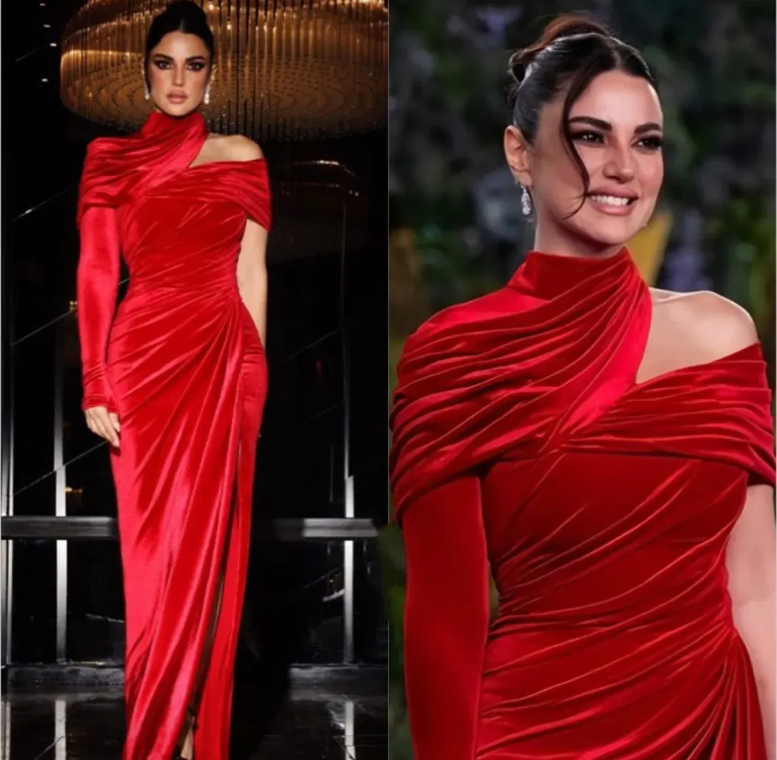 Dubai Arabic Long Red Velvet Evening Dresses Mermaid Celebrity Dresses One Shoulder Robe De Soiree Zipper Back Pleated Formal Prom Gowns Vestido De No