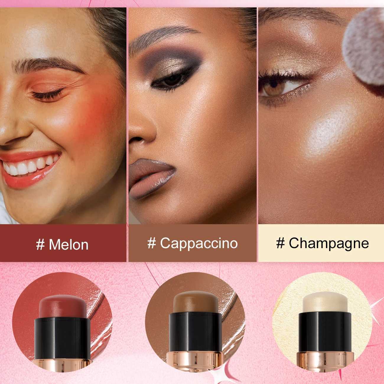 3-in-1 B Contour Highlighter Makeup Stick with Brush Waterproof Sweat-proof Matte Shimmer Non-Greasy Creamy MakeupW250217