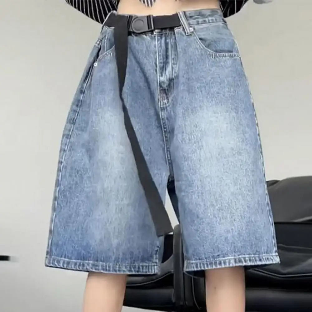 Retro Womens Denim Shorts with Belt Wide Leg Straight Loose Knee Length Hip Hop High Waist Gradient Color Shorts Jeans 250210