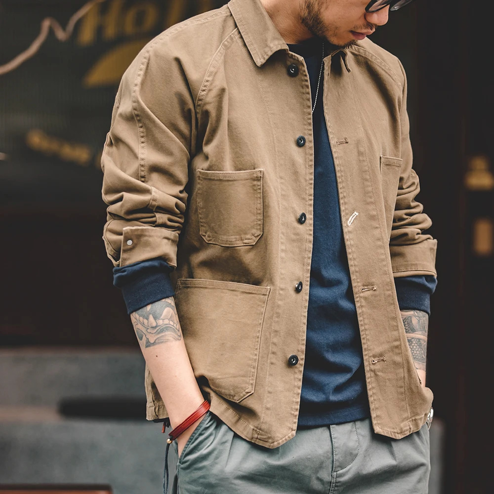 Maden Vintage Khaki Jackets for Men Loose Cotton Solid Chore Coat American Cargo Casual Jacket Man Clothing 250212