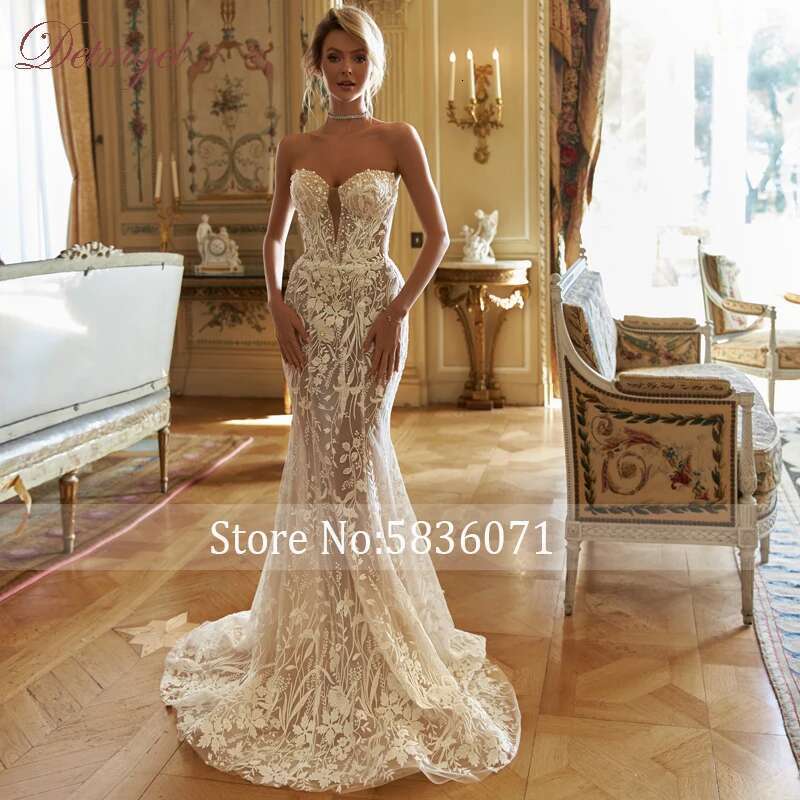 Pearls Detmgel Beaded Strapless Mermaid Wedding Dress Exquisite Appliques Detachable Train Trumpet Bridal Gown Customized