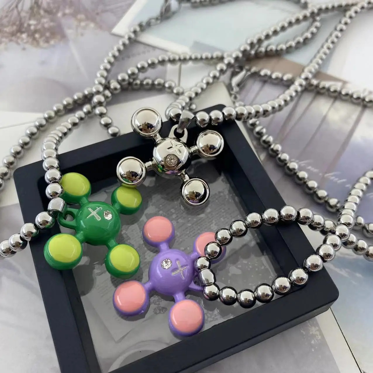 Fashion Stainless Steel Round Bead Chain Quadangle Ball Pendant For Men Women Personality Niche Sense Necklace Gift 250213