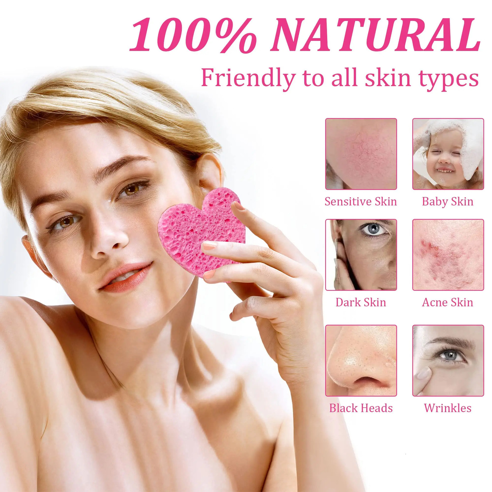 60-Count Compressed Cellulose Heart Shape Sponges 100% Natural Cosmetic Spa Sponges for Cleansing Exfoliating 250214