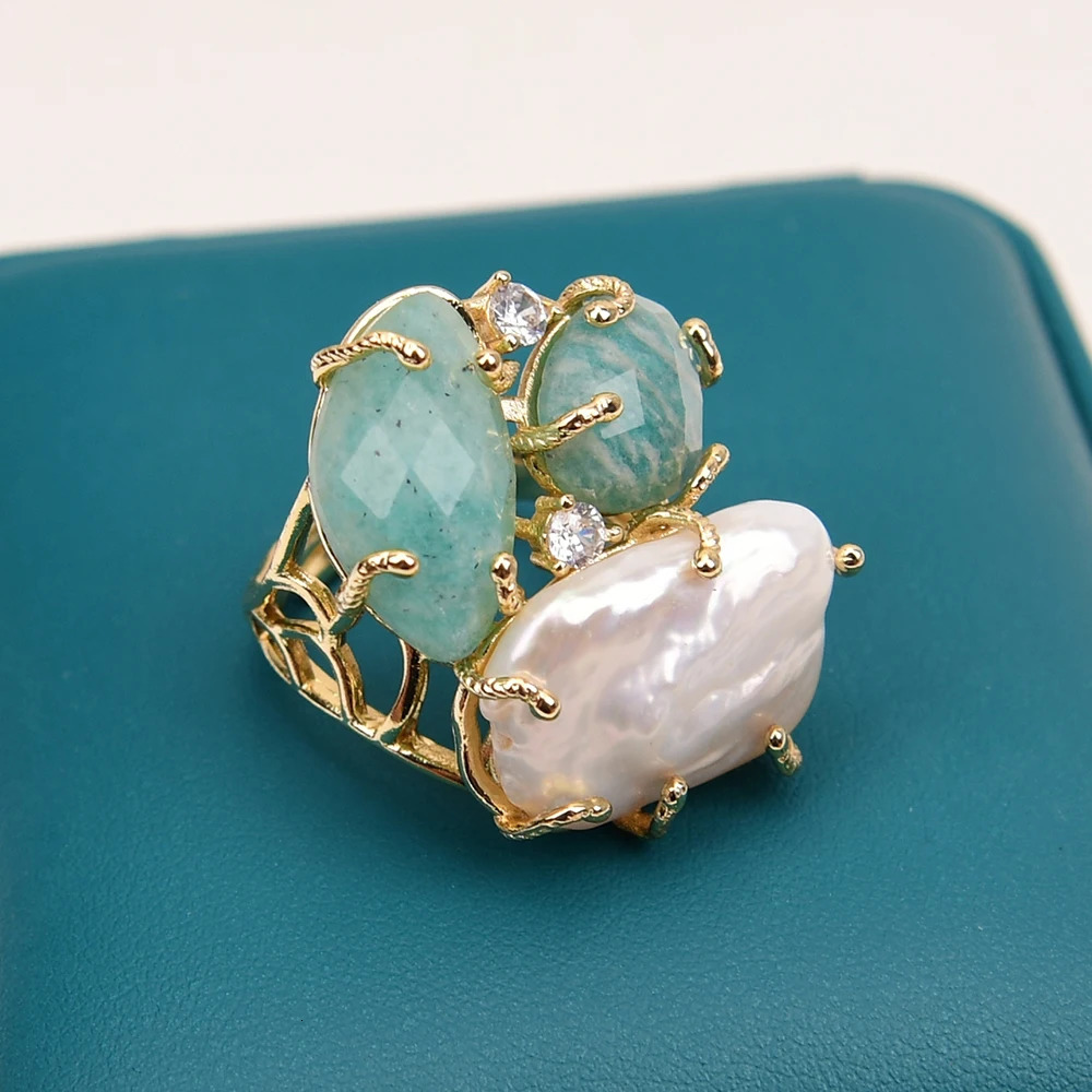 GG Natural White Keshi Pearl Green ite Stone Gold Color Plated Rings Adjustable Ring For Lady 250214