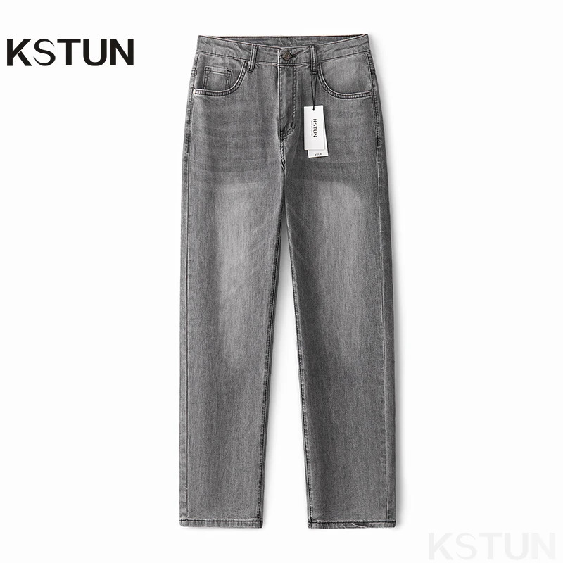 KSTUN Gray Jeans Men Stretch Slim Straight Regular Fit Casual Pants Summer Denim Trousers Mens Clothing Man Fashion 250214