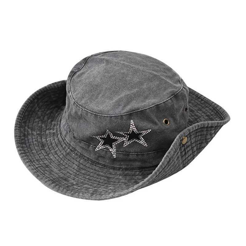 Bocca Y2K Bucket Hat Bling Star Retro Washed Panama Fisherman Hats Women Wide Brim Denim Vintage Summer Sun Outdoor Travel Cap W250217