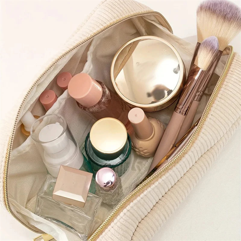 Women Cosmetic Bag Corduroy Solid Color Makeup Pouch Travel Portable Wash Toiletry Storage Organizer Purse 250213