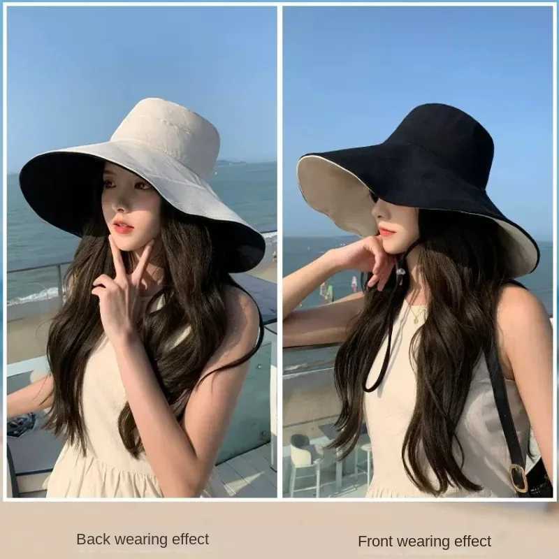 Spring Summer New Big Wide Brim Women Bucket Hat Solid Color Foldable UV Protection Outdoor Beach Panama Cap Sun Hats W250217