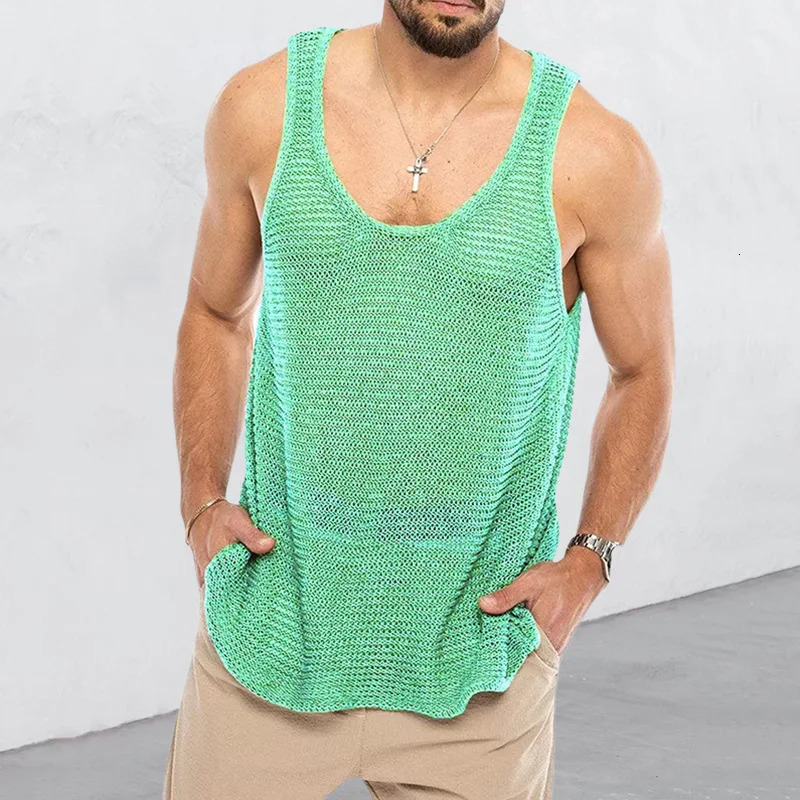 Mens tank top loose knit sports vest summer mens fashion stripe knit sleeveless Male T-shirt breathable mesh Sports Top 250214