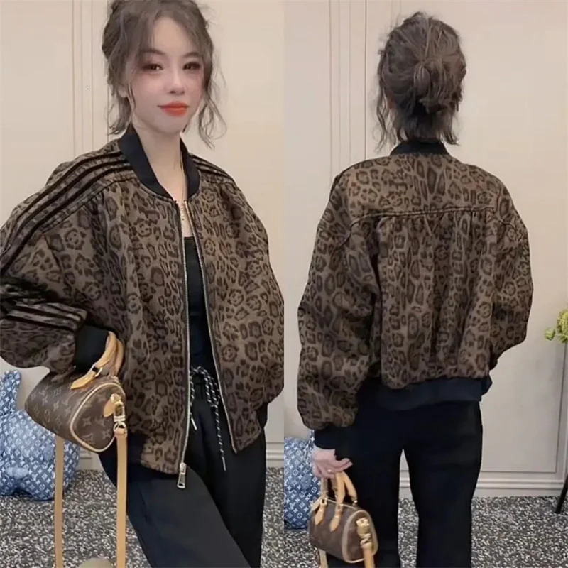 European Leopard Print Cardigan Outwear Womens Spring and Autumn Short Loose Casual Jacket Stylish Baseball Top Coat 250213