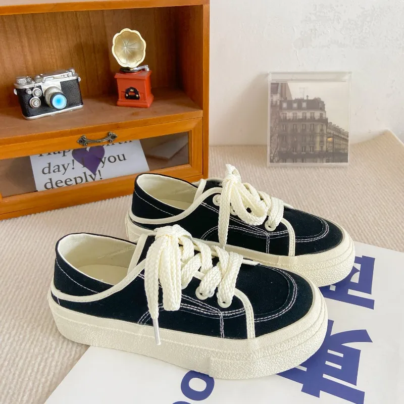 Spring and Summer New Two Wear Canvas Women All Match Thick Bottom Sneakers Casual Lace Up Tennis Walking Vulcanize Shoes zhanyishengli