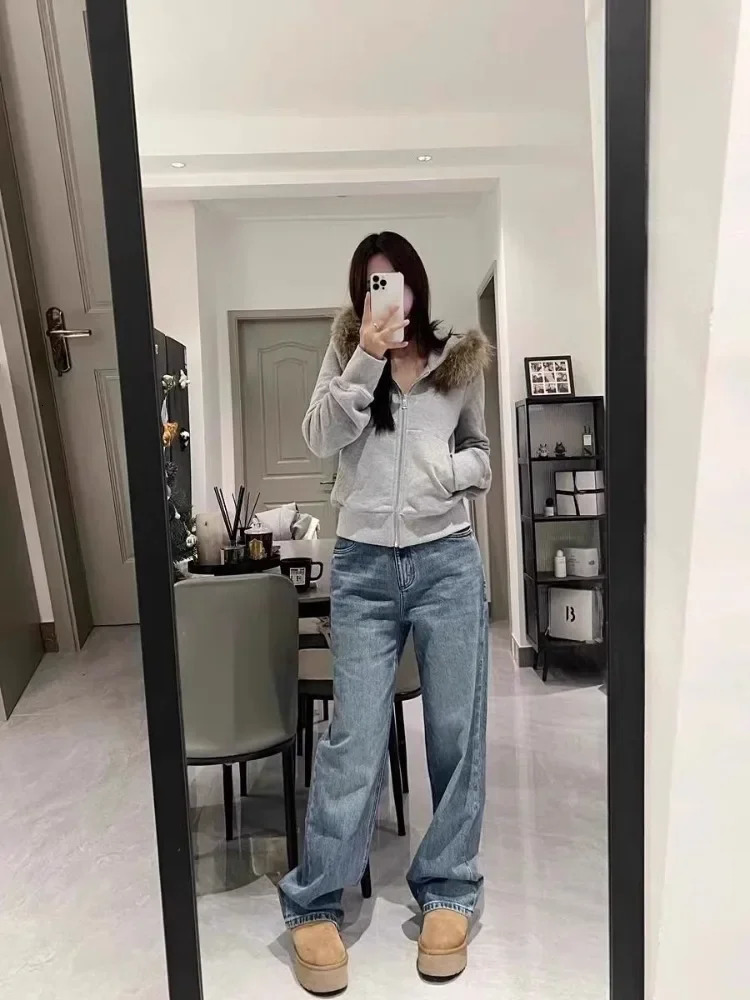 American Retro Fur Collar Hooded Zipper Sweatshirt Fashionable Street Hoodie Harajuku Style Simple 250213