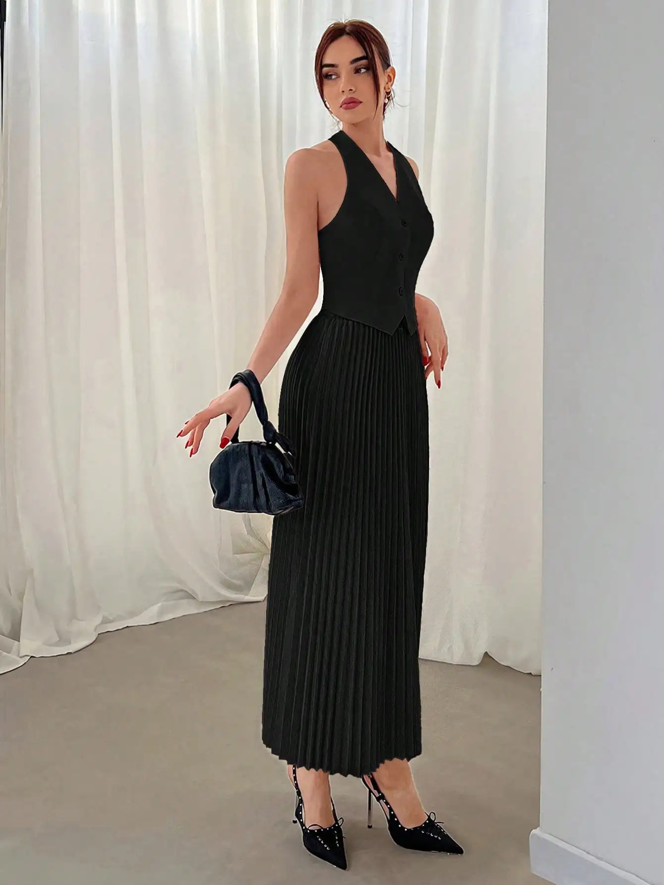 Summer suit vest single breasted skirt lapel top fashion pleated 250214