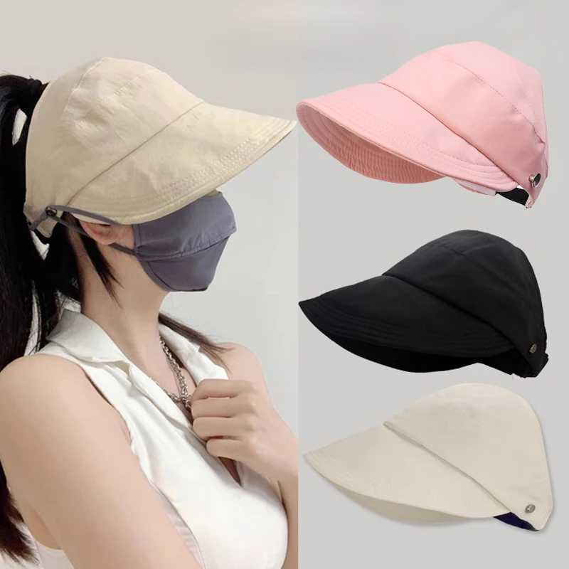 Outdoor summer wide Brim Sunhat womens sun hat foldable and adjustable beach bucket hat UV protection cover fishermans ponytail hat W250217