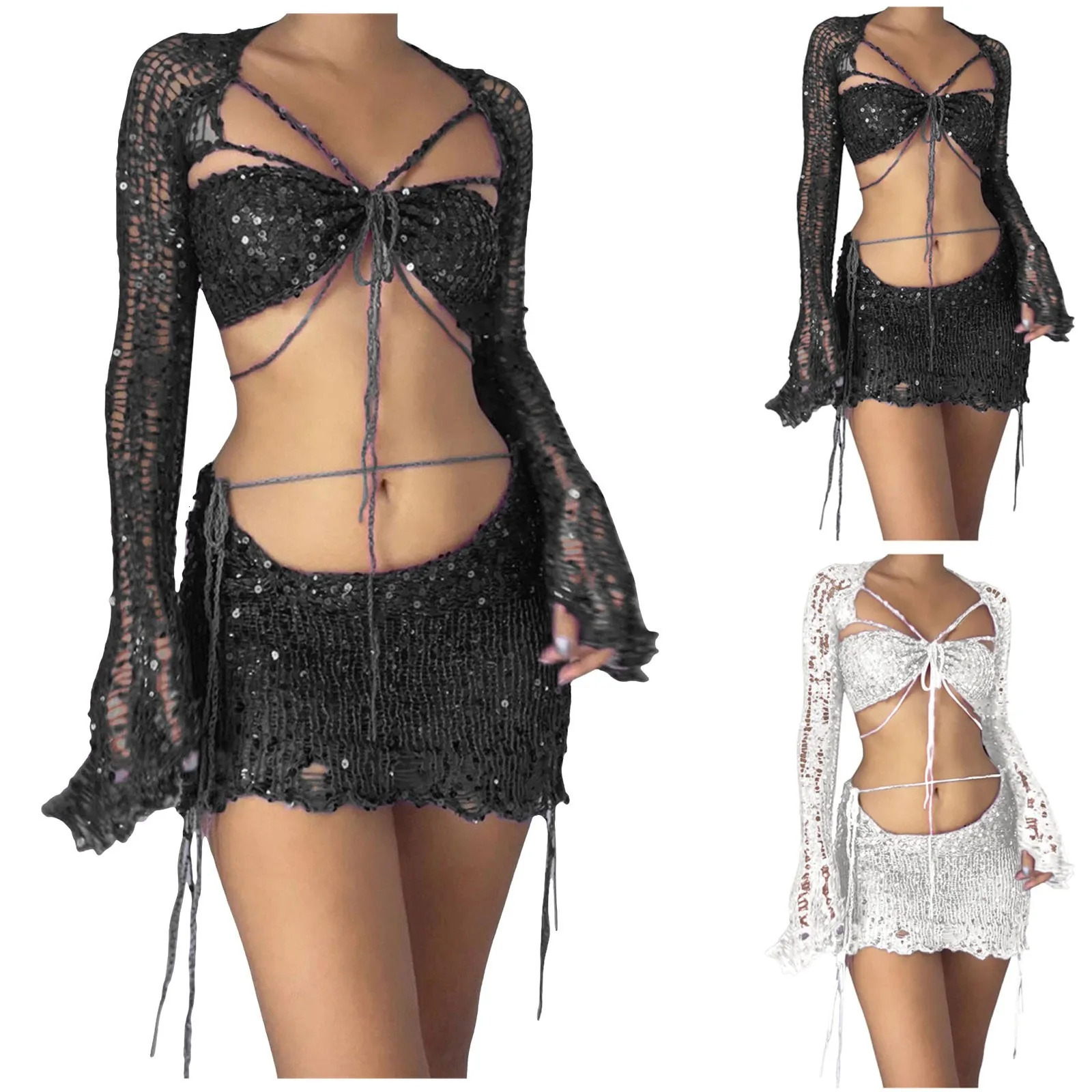 Women Knitted Sequins 3 Piece Skirt Sets Y2k Style Ladies Outfit Cardigan Navel Exposed Hollow Out Clubwear Clothing 250214