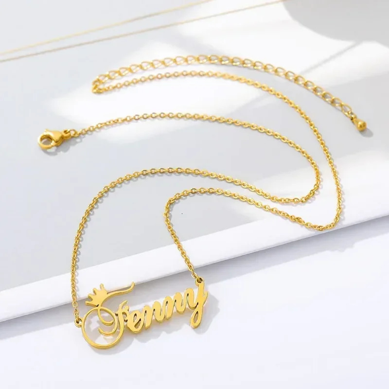 Custom Name Necklace for Women Personalized Crown Cursive Font Gold Stainless Steel Letter Pendant Choker Jewelry Christmas Gift 250210
