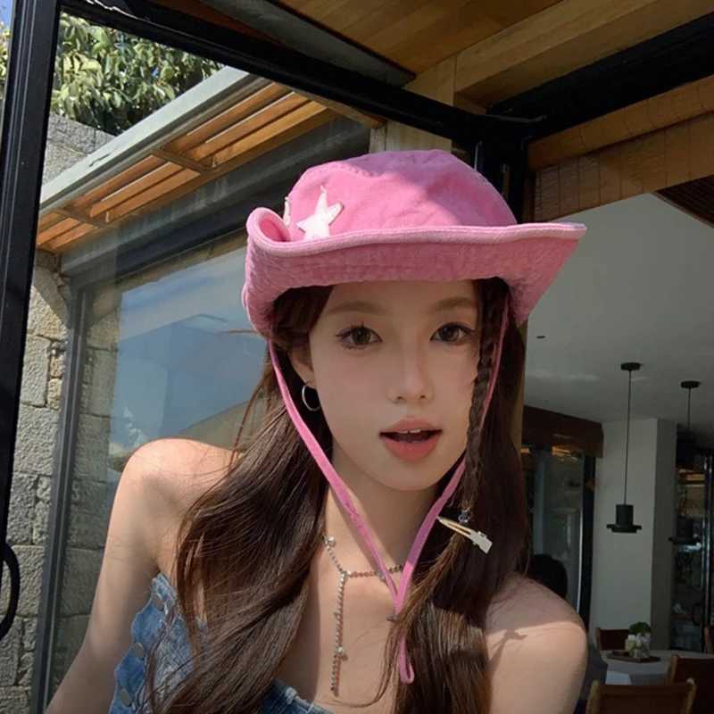 Punk Star Cowboy Hat For Women Fashion Wide Brim Sun Visors Retro Hip Hop Fisherman Cap Solid Cotton ACU Hat Y2K Girl Panama Cap W250217