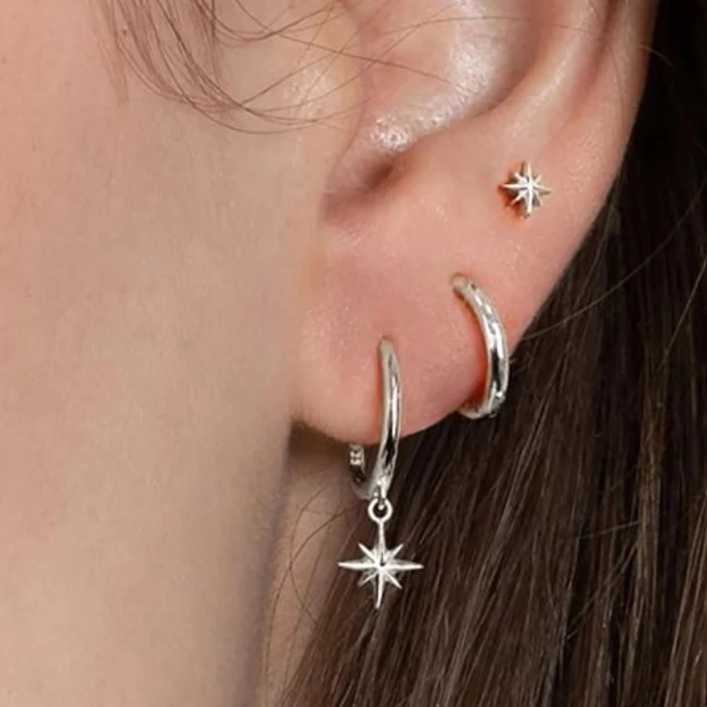 3 Piece Fashion Stainless Steel Round Star Drop Earrings Set for Women 18K Gold Plated Dangle Earring Punk Unisex Rock Jewelry 250213