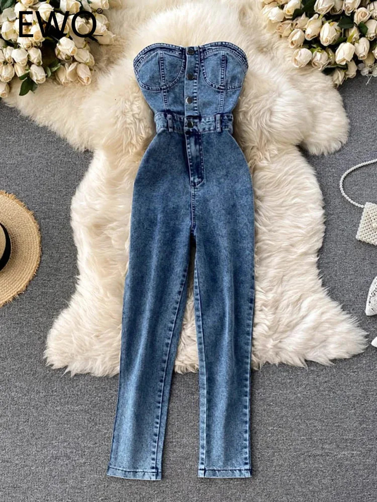 EWQ Elegant Chic Jumpsuit Women Strapless Sleeveless Denim Solid Color High Waist Jumpsuits Winter Spring 2024 27SN5080 250122
