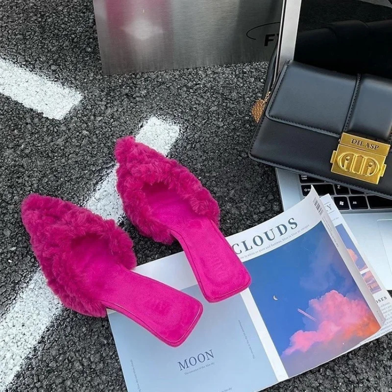 Women High Heels Shoes Suede Slippers Trend Spring Fashion Party Sexy Pumps Casual Ladies Stilettos Sandals Fur Mujer 250122