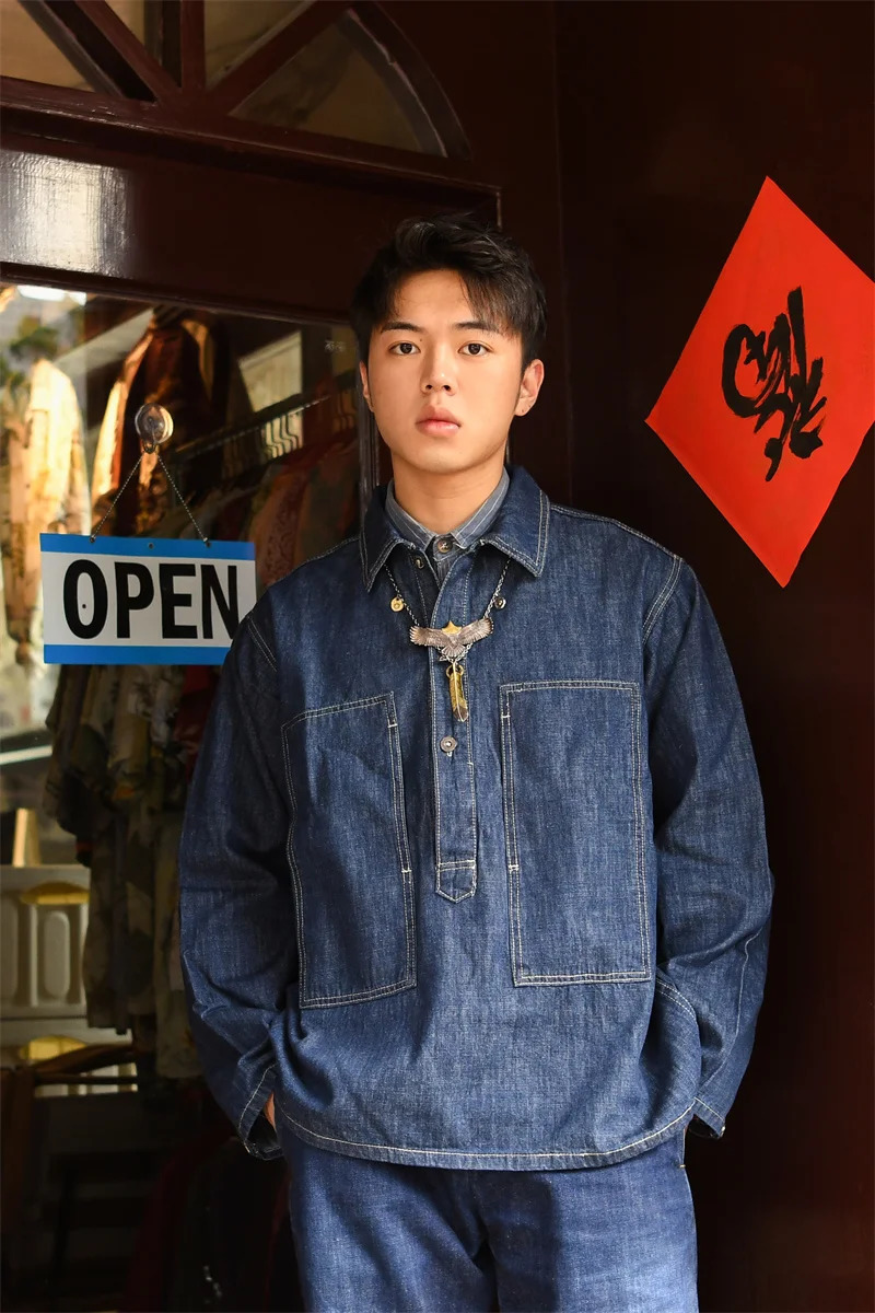 1920s Vintage US Army Spring Summer Blue Denim Work Uniforms Loose Pullover Shirt Jacket 250210