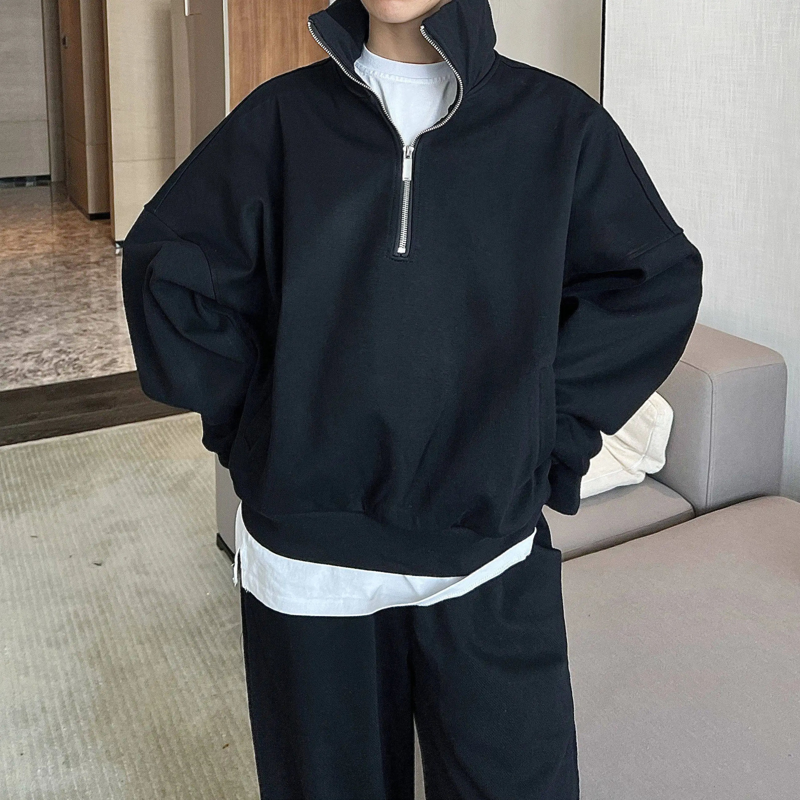 Korean trendy street personality high street solid color high end half zip sweatshirt jacket mens Y2K loose and versatile top 250211