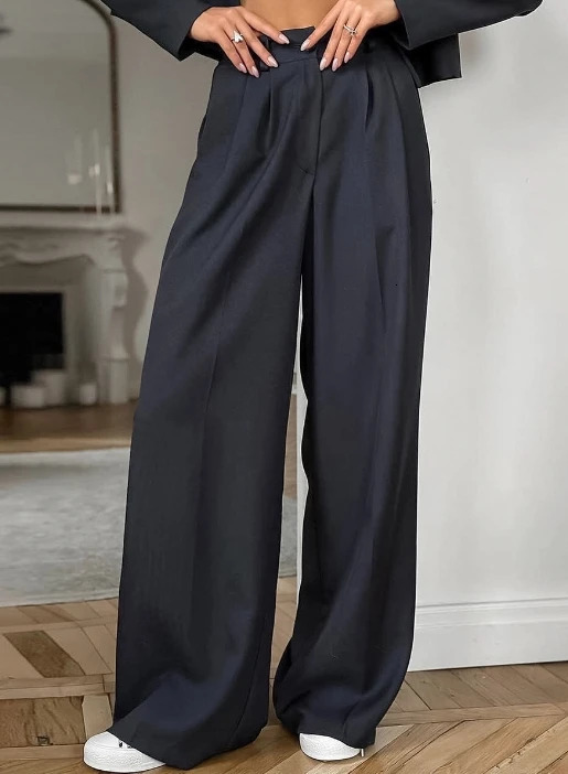 Black Collar Long Sleeved Short Suit Casual Loose High Waisted Elastic Band Long Pants Classic Professional Suit for Women 250210