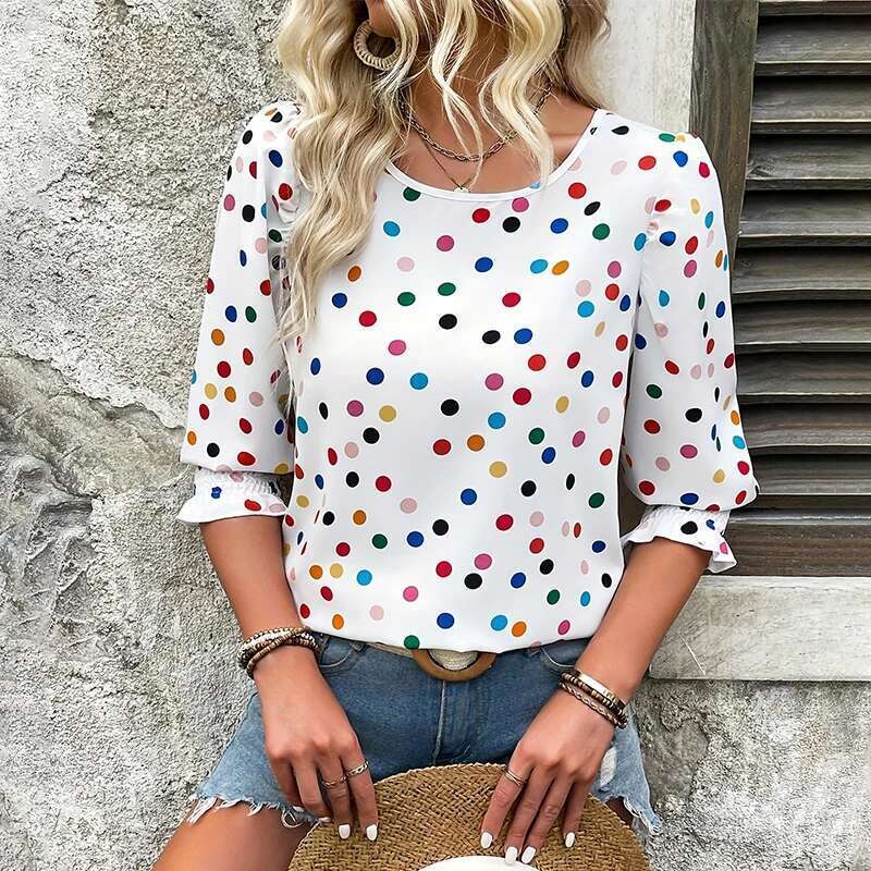 Women's Summer Top Round Neck Eight-Sleeved White Shirt Polka Dot Casual Breathable Fiber