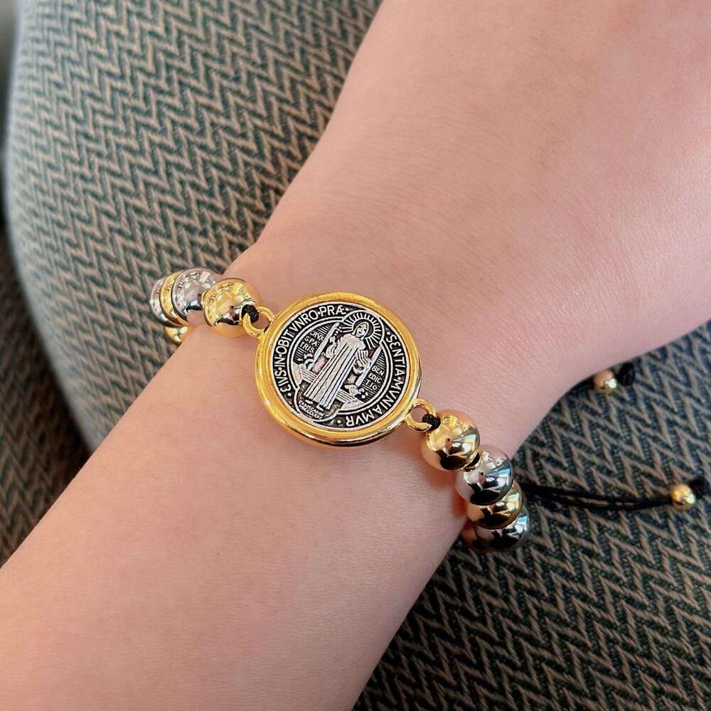 New Saint Benedict copper bead with adjustable drawstring, beaded woven bracelet