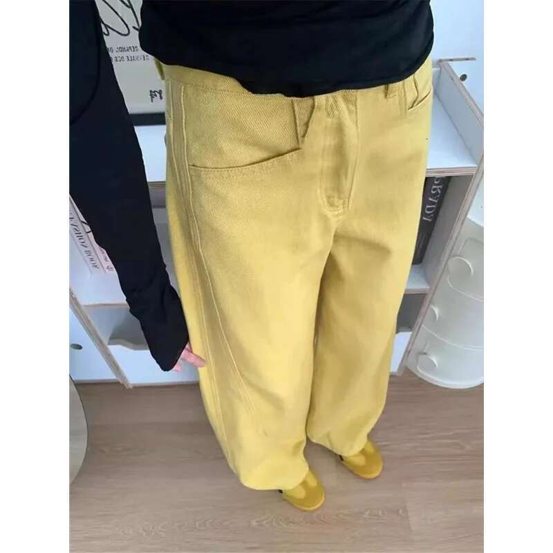Yellow Womens Jeans High Waist Vintage Classic Pockets Straight Baggy Pants Street American Style Wide Leg Denim Trouser