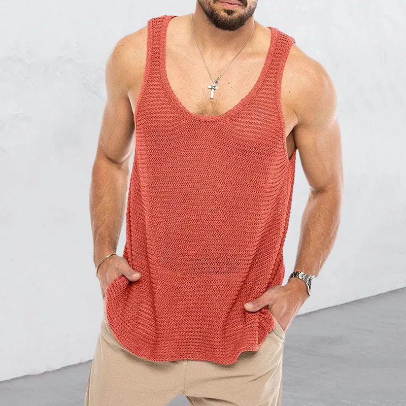 Mens tank top loose knit sports vest summer mens fashion stripe knit sleeveless Male T-shirt breathable mesh Sports Top 250214